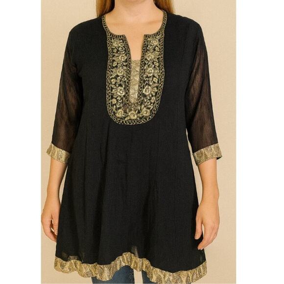 India Gold Embellished Long Modest Tunic - Black SZ L sheer sleeve sheath dress - Picture 1 of 9